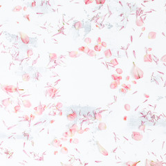 Flowers composition. Frame made of pink flowers and petals. Top view, flat lay, square
