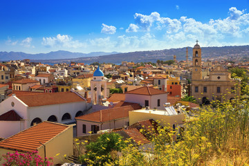 Top view of the city of Chania. Greece, island Crete. City landscape. Small city view. Tiled roofs...
