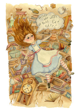 Alice in Wonderland. Alice is falling down into the rabbit hole. Vintage hand drawn watercolor illustration