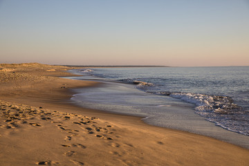 view on a beach at sunset with golden sand and quiet sea