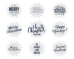 Set of Christmas , New Year 2017 lettering, wishes, sayings and vintage labels. Season's greetings calligraphy. Holiday typography design. Vector isolated. Letters composition with sun bursts.