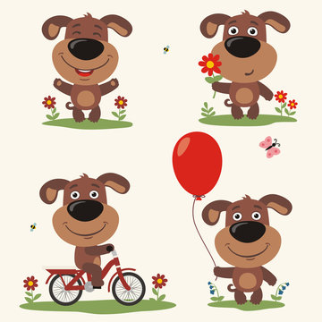 Vector set isolated puppy dog plays in the meadow. Collection puppy dog on bicycle, with balloon and flower in cartoon style.