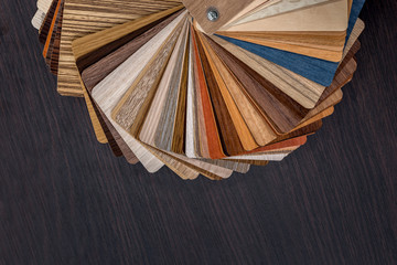 Samples of color palette for furniture on wooden desk.