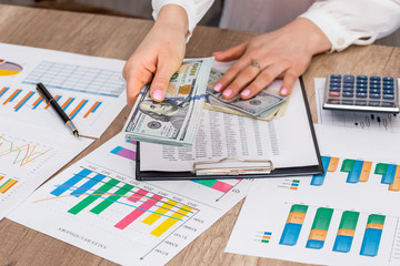 Business woman learn financial accounting. annual budget.