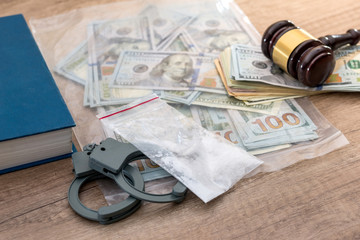 Drugs and substances prohibited, dollar, book,  Judge gavel and handcuffs - arrest criminals