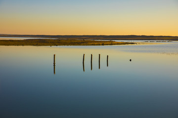 dusk on lagoon  with reflection in still water at nature reserve Casse de la Belle Henriette after...