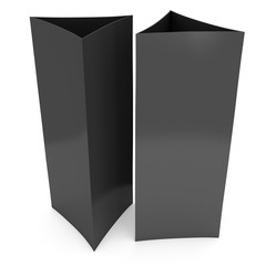 Black paper triangle tent cards. 3d render illustration isolated. Table cards mock up on white background.