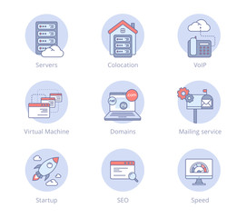 Flat data center icons for different categories of services - 134465735