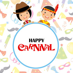 costume party card. Indian and cowboy with poster.