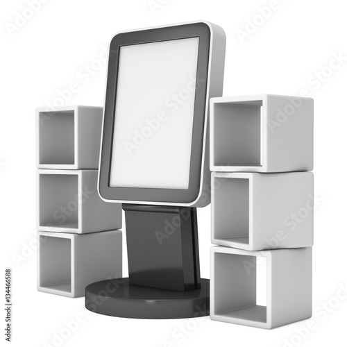 LCD Display Stand And Product Boxes Blank Trade Show Booth 3d Render Isolated LCD Display Stand And Product Boxes Blank Trade Show Booth 3d Render Isolated