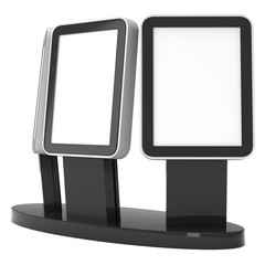 LCD Screen Stand. Black Trade Show Booth. 3d render of lcd tv isolated on white background. High Resolution. Ad template for your expo design.