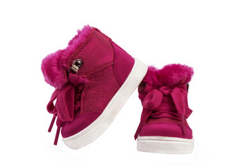 Pair of child's winter snow boots. Kid's warm shoes isolated on white.