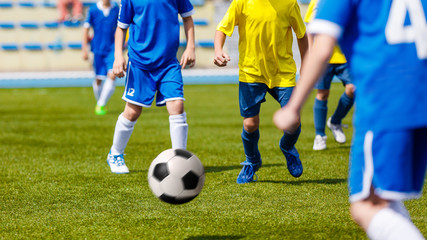 Soccer Football Match. Kids Playing Soccer. Young Boys Kicking Football Ball on the Sports Field. Kids Playing Soccer Tournament Game on the Pitch. Youth European Football Match