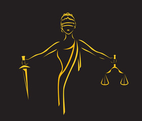 Justice Goddess Themis, lady justice Femida. Stylized contour vector. Blind woman holding scales and sword.