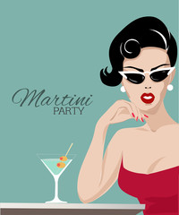 Beautiful woman with martini glass pop art portrait, summer look vector illustration - 134468520