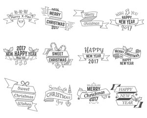 Plakat Happy Christmas wishes collection with ribbons and holiday symbols, elements - santa beard, sweets, tree, toys. Retro colors. Vector isolated bundle
