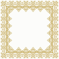 Classic square frame with arabesques and orient elements. Abstract fine ornament with place for text. Golden and white pattern