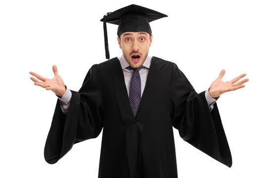 Shocked graduate student gesturing with his hands