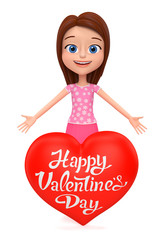 Cheerful little girl with a big heart isolated on a white backgr