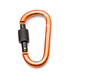 Carabiner D-Shaped in orange color with black locking isolated o