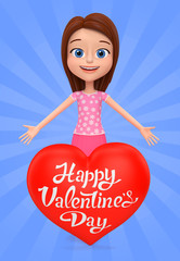 Cheerful little girl with a big heart on a blue background. 3d r