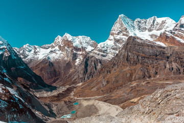 Daylight View of high Peaks and vertical Walls in Nepal Himalaya