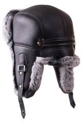 Black leather winter fur hat chinchilla