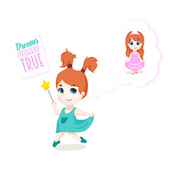 Dreaming cute little girl with magic wand. Vector illustration. Dreams come true.