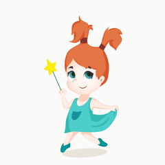 Walking and dreaming little cartoon girl with magic wand. Vector illustration.
