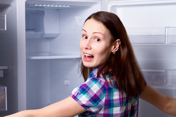Fototapeta na wymiar woman standing near open empty fridge