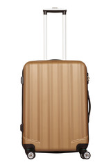 Golden plastic suitcase isolated on white background