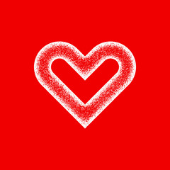 White abstract heart sign badge, Valentines day blank button template with grain, noise, dotwork, halftone, grunge texture for logo, banners, labels, web, prints. 14th february. Vector illustration.