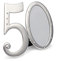 silver photo frame birthday 50 anniversary of isolation on a white background. metal frame inlaid jem stones