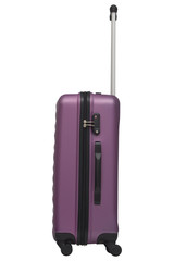 Purple plastic suitcase isolated on white background