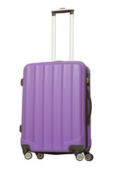 Purple plastic suitcase isolated on white background