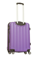 Purple plastic suitcase isolated on white background