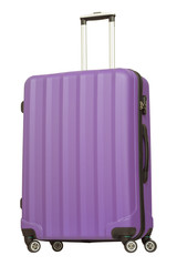 Purple plastic suitcase isolated on white background