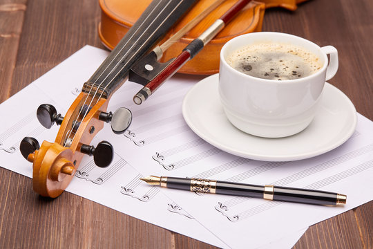 Violin and cup of coffee..