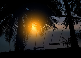 Tropical sunset view with palm trees and sun light. Vector image.