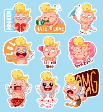 Naklejki Color set of cupids for Valentine's Day. Funny stickers with different emotions.