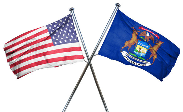 michigan and USA flag, 3D rendering, crossed flags