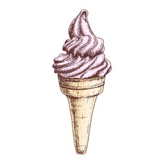 Hand-drawn colorful delicious ice-cream in waffle cone sketch, colorful isolated vector illustration. Vintage sketch graphic draft silhouette drawing.