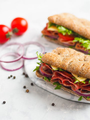 Two fresh sandwiches with jamon, cheese, tomato, lettuce and onion in whole-grain biscuits on a dark wood board on a dark background

