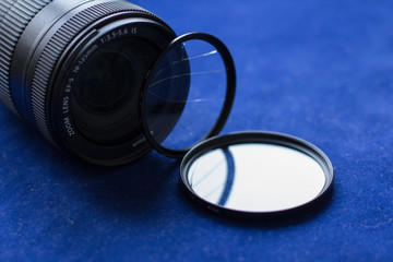 lens filter with a broken glass. camera lens