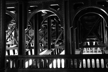 Skeletal structure of the bridge Alexandre III in Paris, black and white