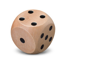 Single wooden Dice on white background