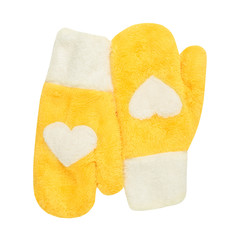 Yellow mittens with heart symbol on white