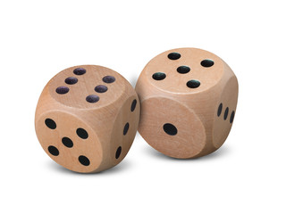 Pair of wooden dice on white background