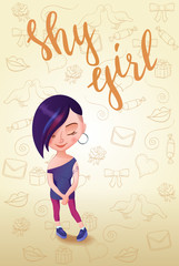 Shy hipster with blue short hair girl on background with letters. Romantic concept for print or t-shirt