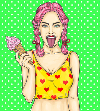 Pop art pin up young sexy girl eating ice cream